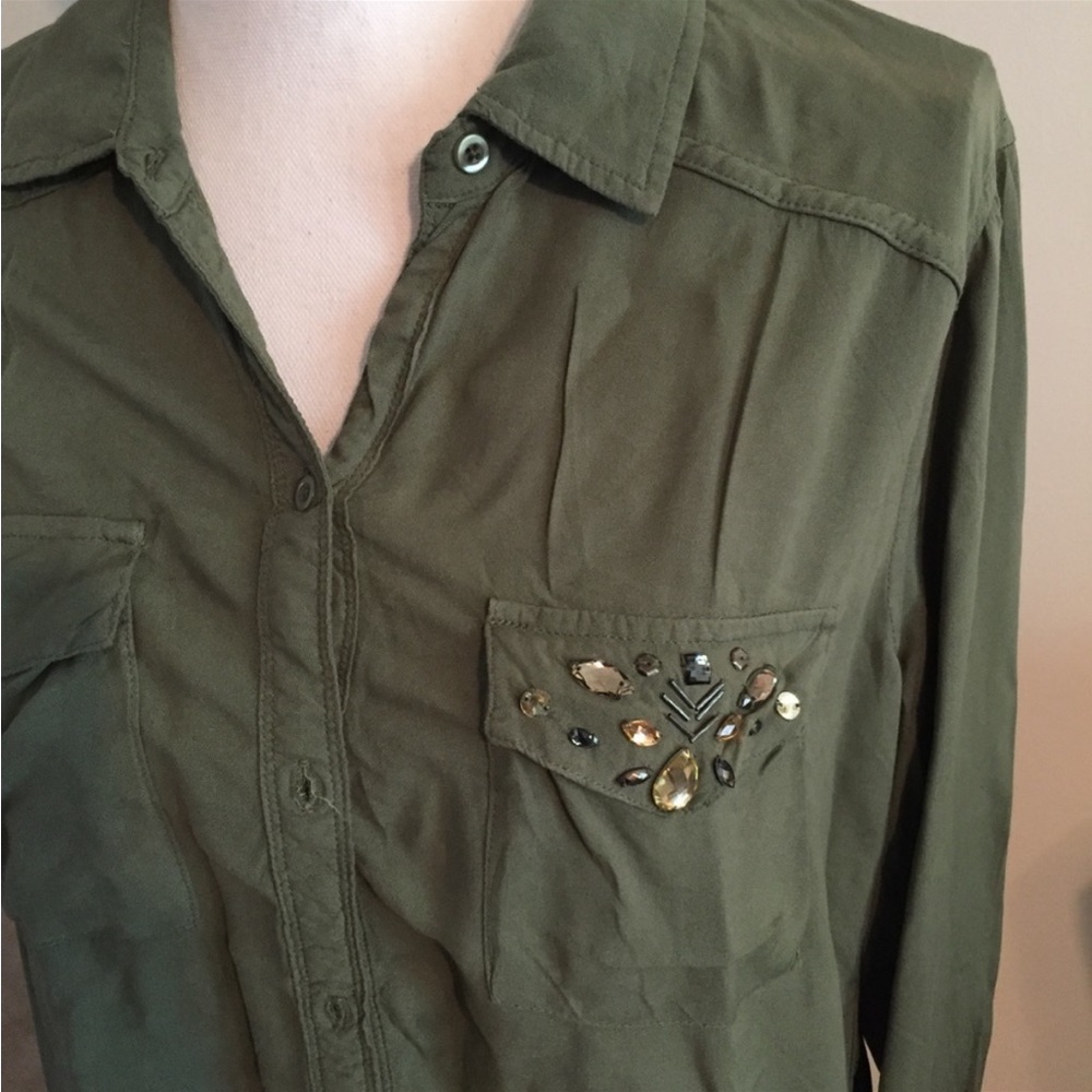 Hollister Olive Green Jeweled Button Down Top Sz M